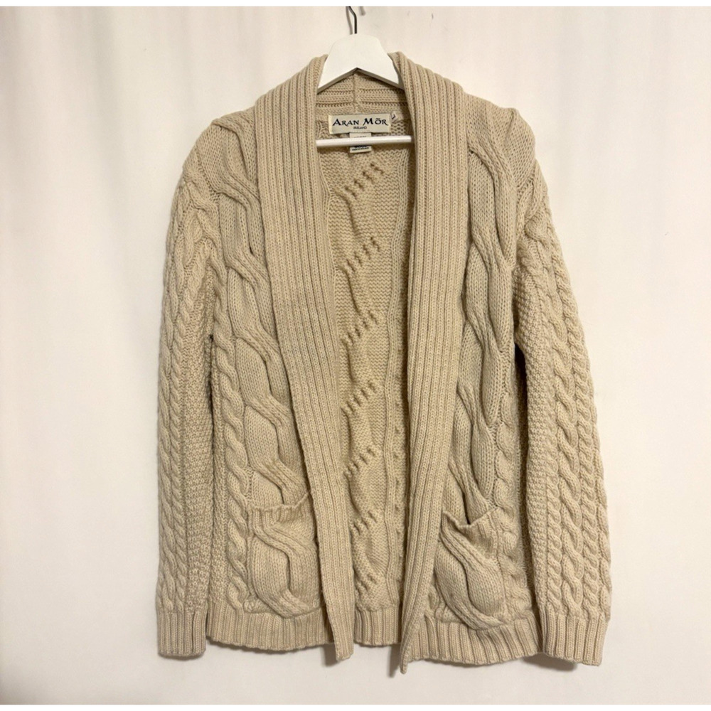 Aran Mor Carigan Womens Large Merino Wool Cable Knit Wool Tan Beige Ireland